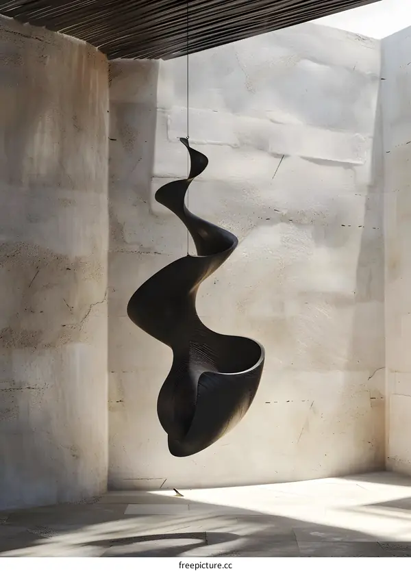 Abstract Black Sculpture Hanging in Minimalist Interior
