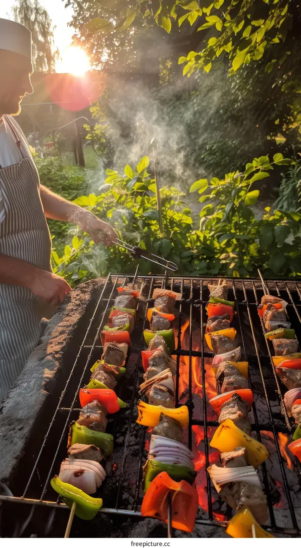 Chef cooking shish kebabs on a grill outdoors in the summer