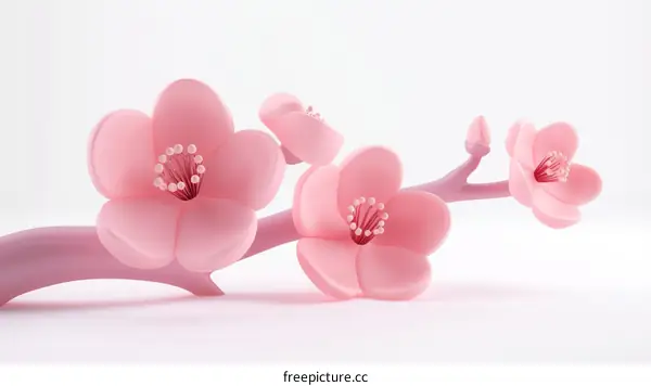 Pink cherry blossom branch on a white background