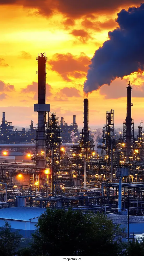 Industrial Plant at Sunset with Smoke Stacks