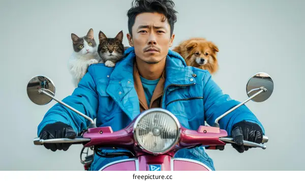 A man riding a scooter with a cat on his shoulder and a dog behind him