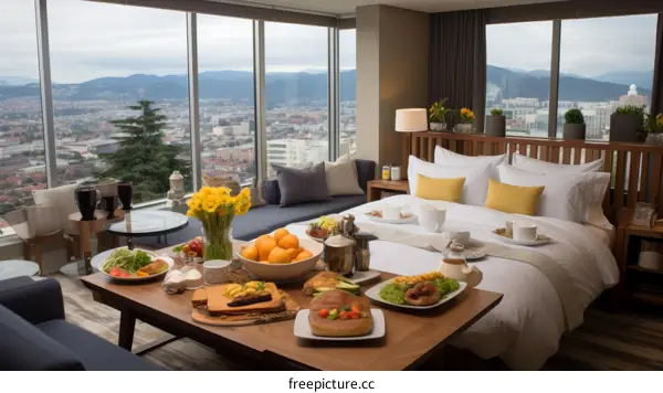 A delicious breakfast spread with a view of the city
