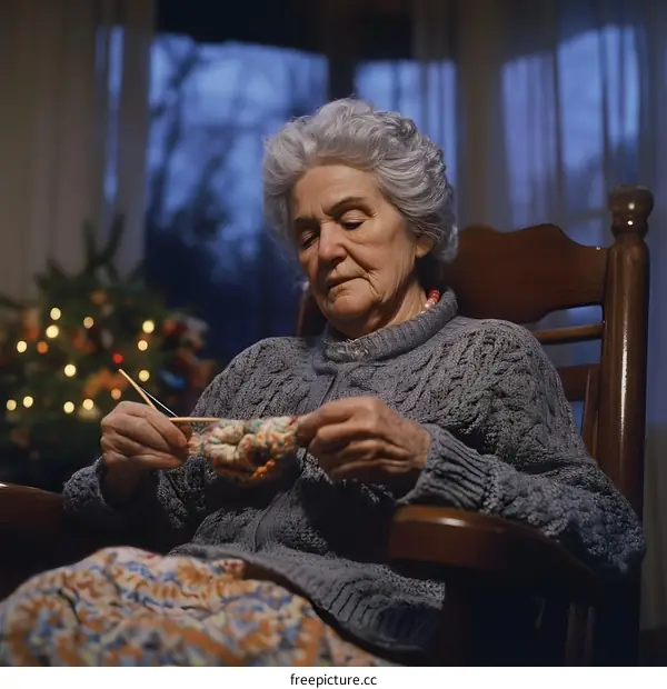 Elderly Woman Knitting in a Rocking Chair by a Christmas Tree