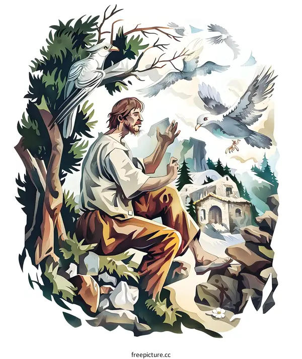 Man Talking to Birds in Mountain Illustration