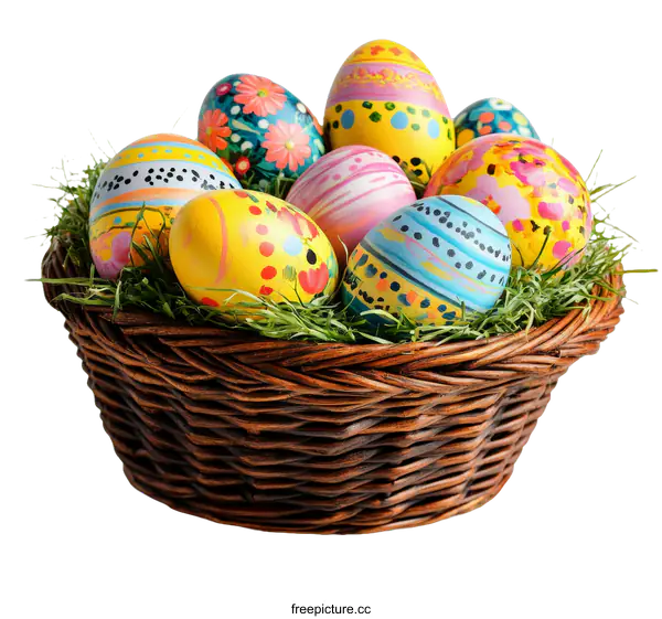 [Transparent Background PNG]Colorful Easter Eggs in a Wicker Basket