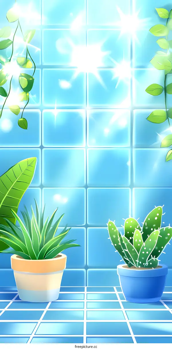 Blue Tile Bathroom With Green Plants