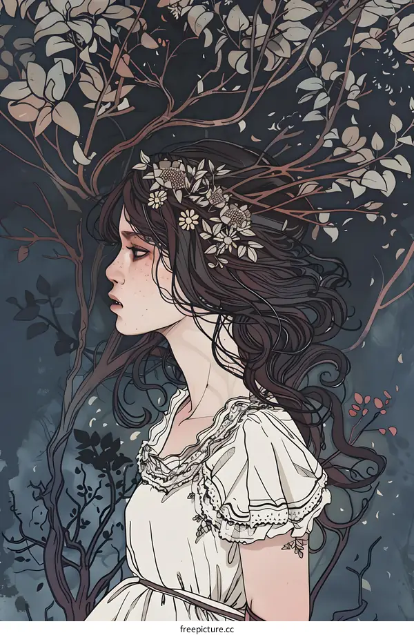 Woman with Flower Crown and Branches in her Hair