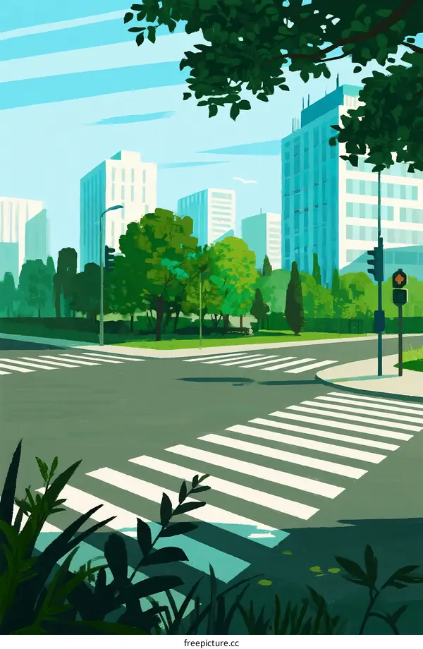 Urban Street Scene with Crosswalk and Modern Buildings