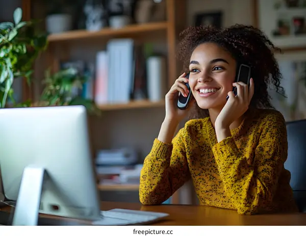 Smiling Woman Talking on Phone and Looking at Computer Screen