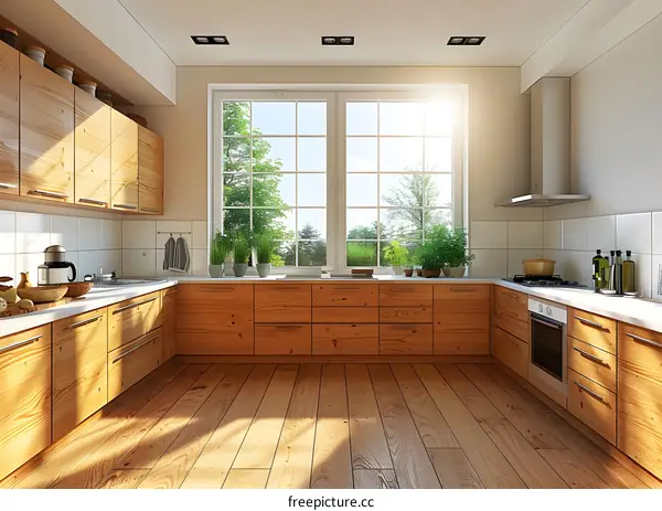 Bright and Airy Kitchen With Wood Cabinets and Large Windows