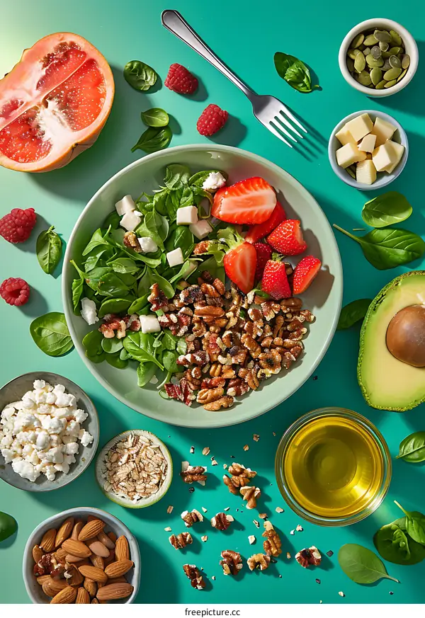Healthy Salad with Spinach, Strawberries, Walnuts and Feta Cheese