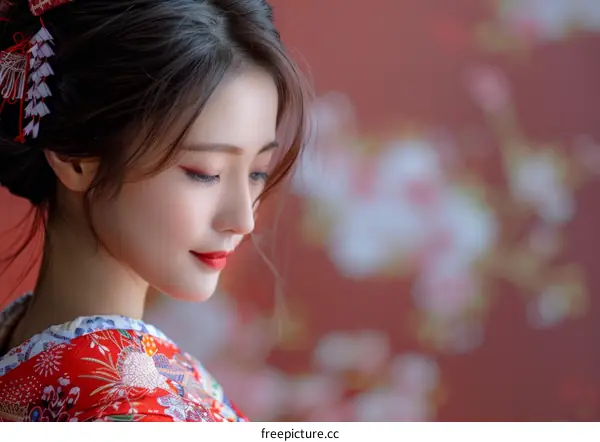 Portrait of a beautiful Asian woman in traditional Japanese kimono