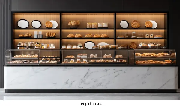Modern Bakery Display Counter with Shelves