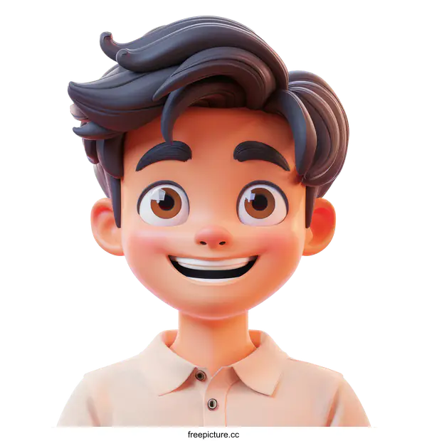 [Transparent Background PNG]3D Illustration of a Smiling Boy with Dark Hair