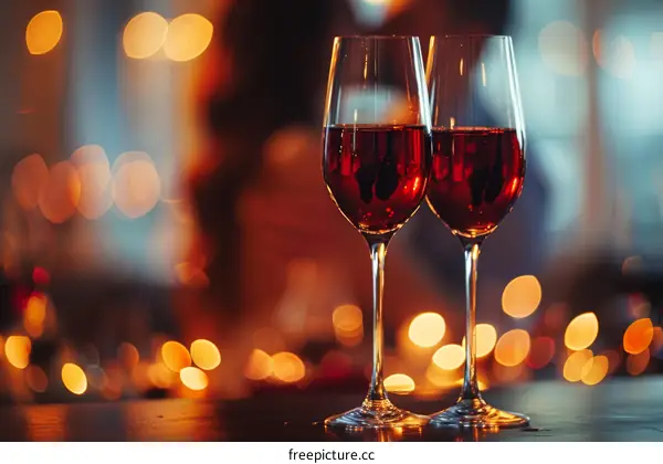 Two glasses of red wine on a bar counter with a blurry background of a restaurant