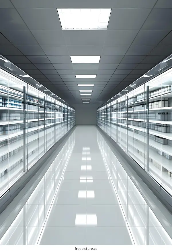Empty Supermarket Aisle with Glass Shelves