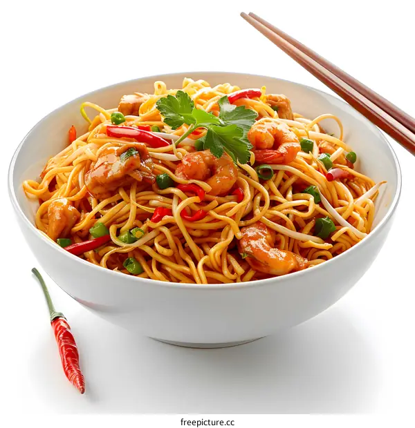 A bowl of noodles with chopsticks