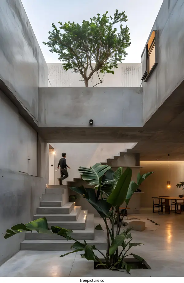 Modern Concrete House with Indoor Plants and Stairs