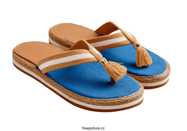 [Transparent Background PNG]Pair of Blue and Beige Flip Flops with Tassels