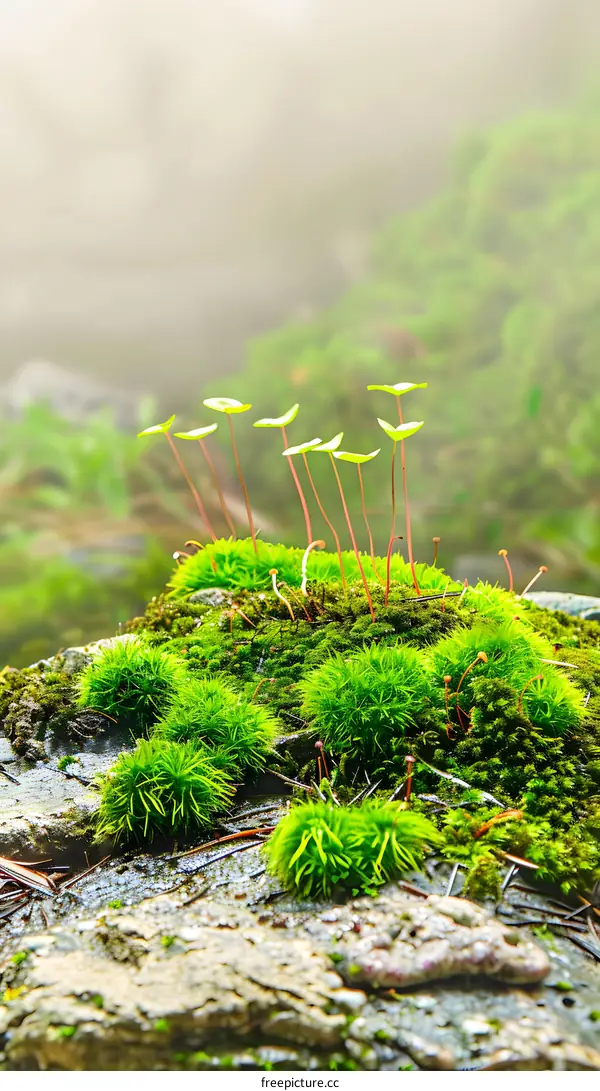 Green Moss Closeup In The Fog