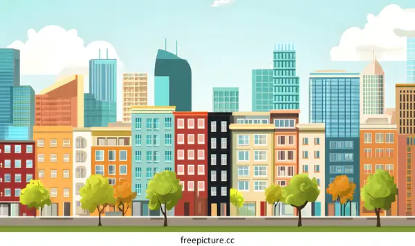 Colorful Cityscape Illustration with Skyscrapers and Trees