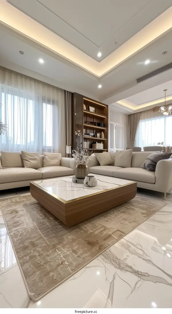 Modern Living Room Decor With Beige Sofa And Wood Coffee Table