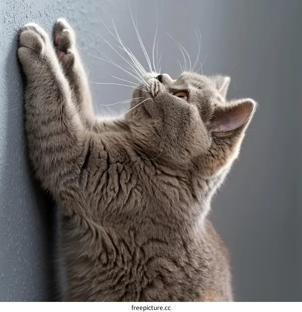 A Cute Gray Kitten Climbing a Gray Wall