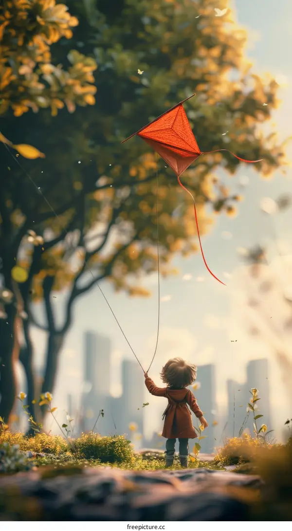 Little Boy Flying a Kite on a Hill