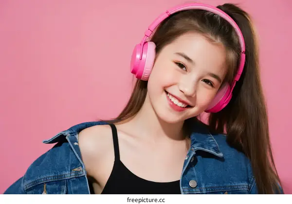 Young girl with pink headphones and denim jacket on pink background