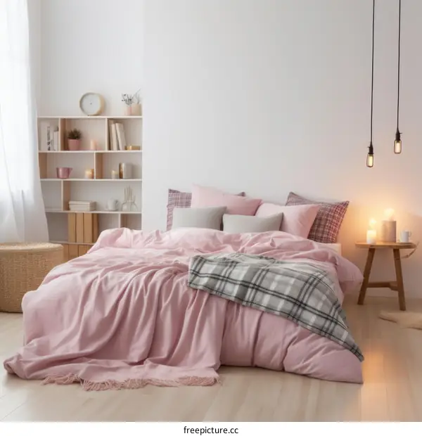 Cozy Pink Bedroom with Gray Blanket and White Pillows