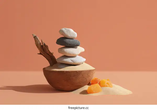 Zen stones balanced in a bowl of sand
