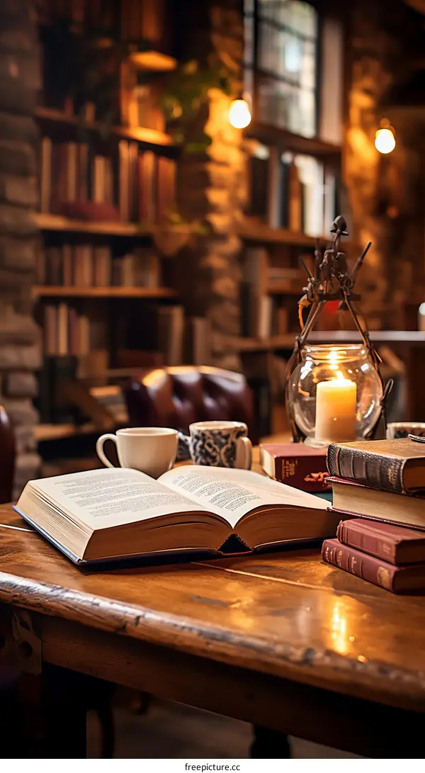 Vintage books on a wooden table in a library