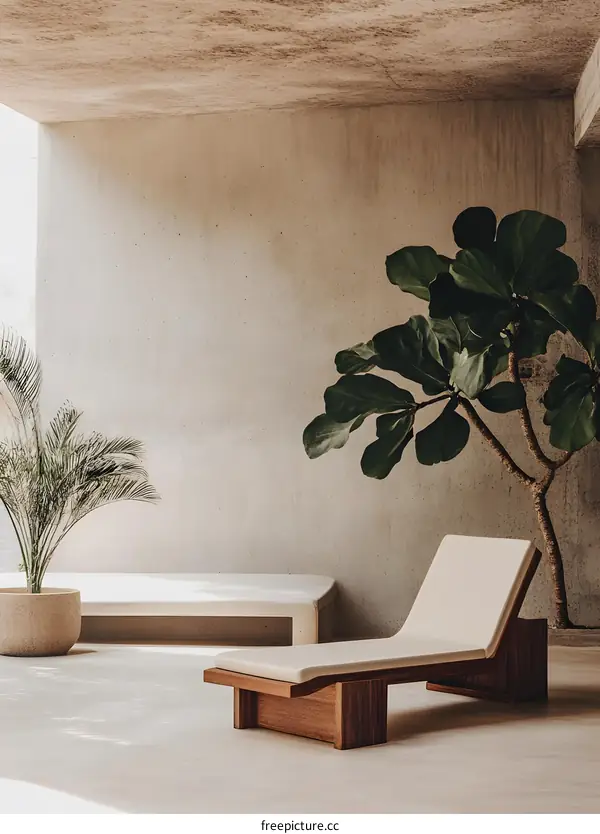 Minimalist Patio Design with Wooden Lounger and Plants