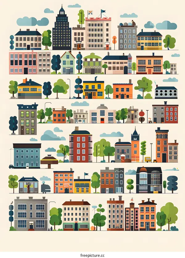 Colorful Cityscape Illustration With Buildings, Trees, And Cars