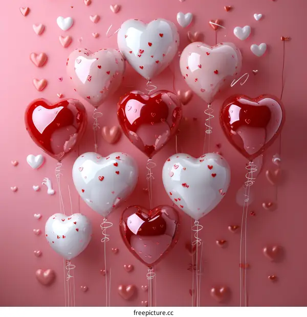 Pink Paper Background with Red, White, and Pink Heart-Shaped Balloons