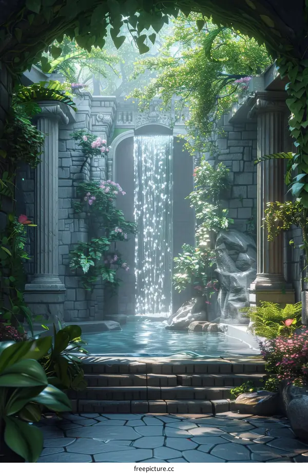 Enchanted Garden with Cascading Waterfall and Ancient Ruins