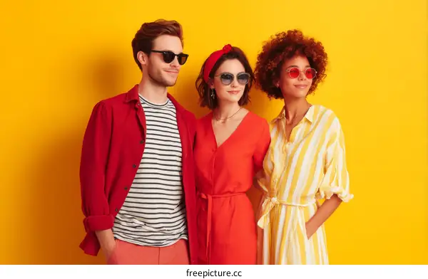 Three diverse people in vibrant outfits against a bright yellow background