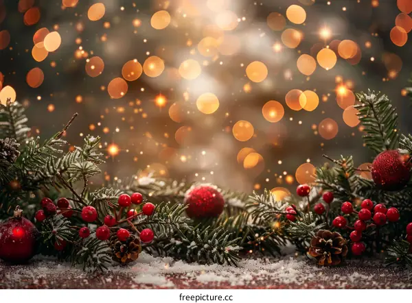 Christmas decoration with red and gold ornaments and blurred lights in the background