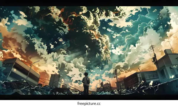 Anime Illustration of a Man Standing in Front of a Giant Cloud Formation
