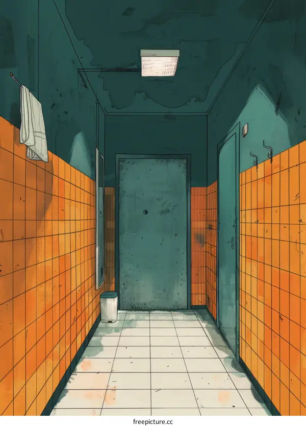 Long dark hallway with two doors