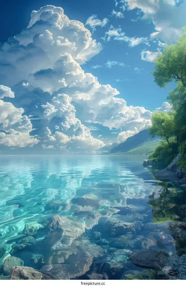 Crystal Clear Mountain Lake Reflection with Blue Sky and White Clouds