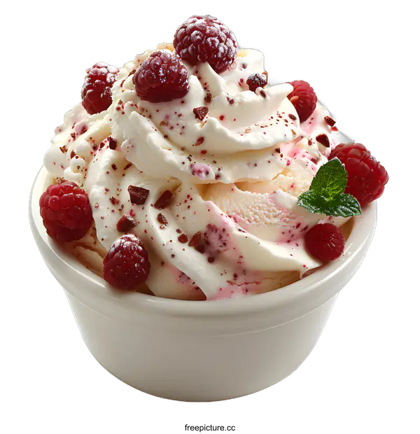 [Transparent Background PNG]Delicious Vanilla Ice Cream with Raspberries and Chocolate Sprinkles