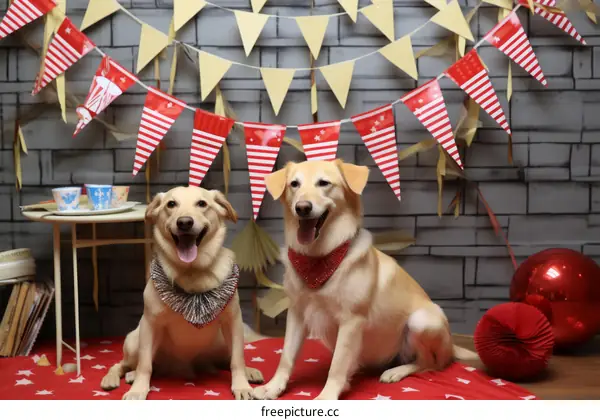 Two Adorable Dogs Pose for the Camera in Front of a Brick Wall Decorated with Party Flags