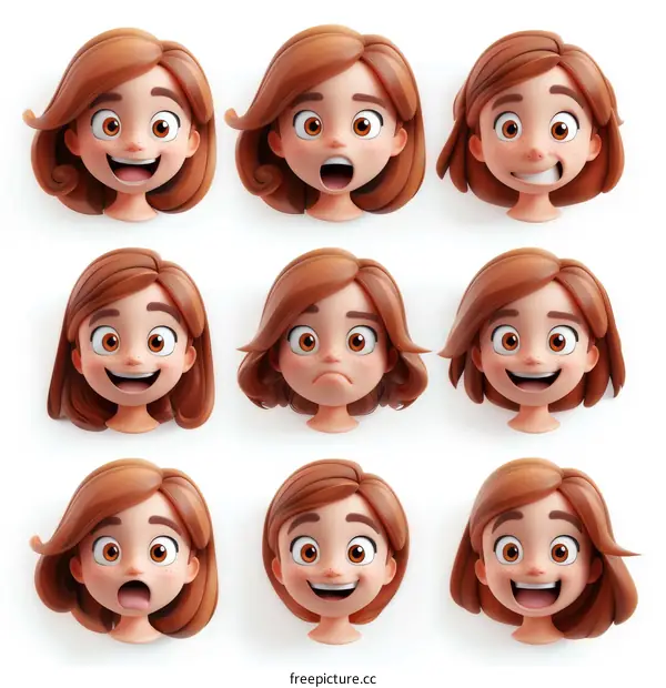 A Collection of 3D Cartoon Characters with Different Facial Expressions