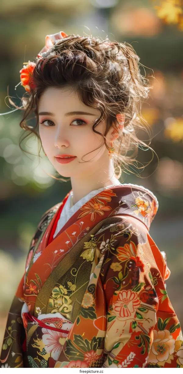 Portrait of a beautiful Asian woman in traditional Japanese kimono