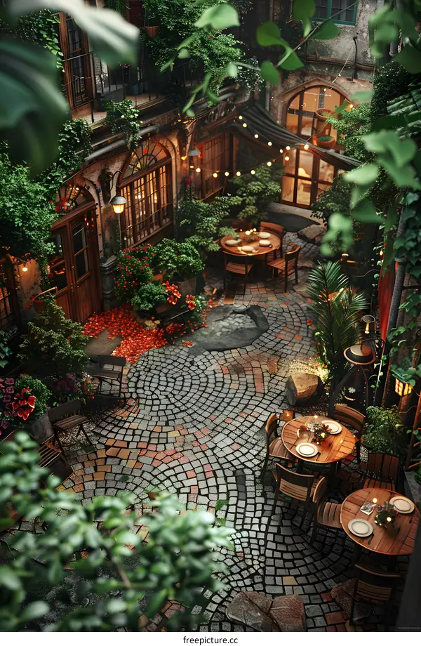 Cobblestone Courtyard with Greenery and String Lights