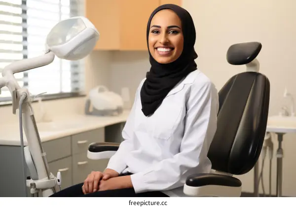 A young female dentist is sitting in a dental chair and smiling at the camera