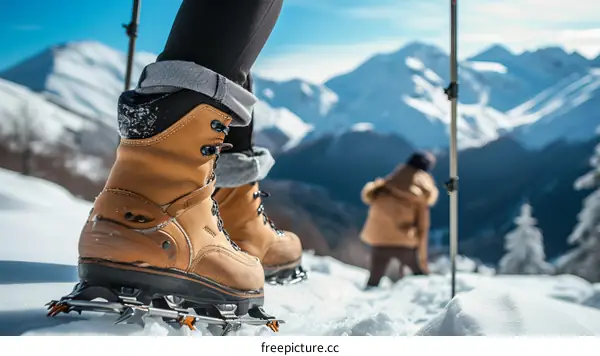 Mountaineering boots with crampons on snow and ice with snow-capped mountains in the distance
