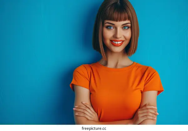 beautiful young woman with orange shirt and brown hair posing on blue background