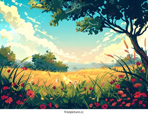 Summer Landscape with Green Grass and Flowers Illustration